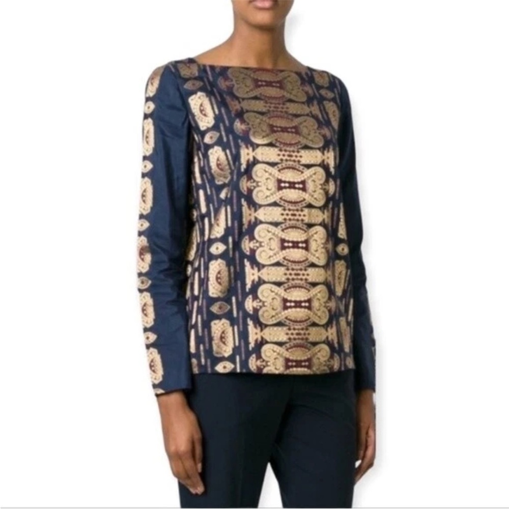 Tory Burch Metallic Jacquard
Blouse Navy Burgundy Gold
Long Sleeve NWT 10